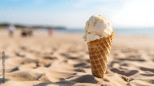 Close up of a white Ice Cream Cone at the Beach. Beautiful Summer Vacation Background