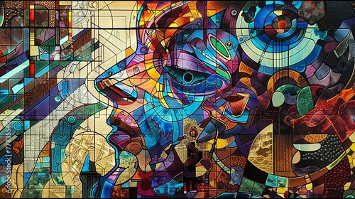 Artistic abstract stained glass design featuring a human face with vibrant  flowing colors.