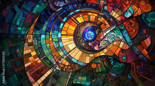 Colorful abstract design mimicking stained glass with intricate swirl patterns and light play.