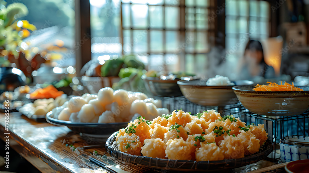 Japanese Tempura on Decorated Table for HD Wallpaper with Cinematic Effect