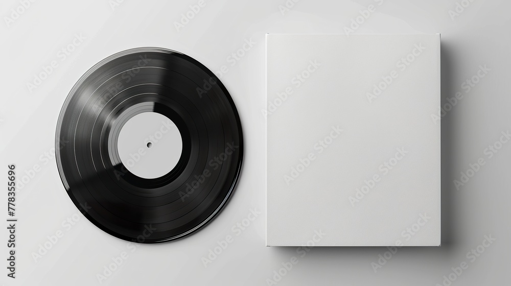 A vinyl record cover mockup capturing the nostalgia and charm of the classic audio format. White vinyl cover with vinyl record on the side immortalized in an icon of musical culture. A vinyl record cover mockup capturing the nostalgia and charm of the classic audio format. White vinyl cover with vinyl record on the side immortalized in an icon of musical culture.