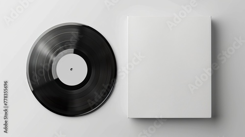 A vinyl record cover mockup capturing the nostalgia and charm of the classic audio format. White vinyl cover with vinyl record on the side immortalized in an icon of musical culture.