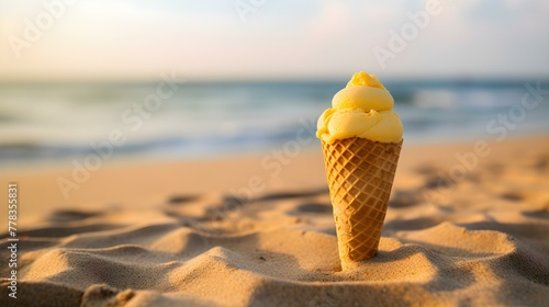 Close up of a yellow Ice Cream Cone at the Beach. Beautiful Summer Vacation Background