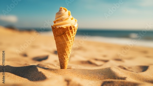 Close up of a yellow Ice Cream Cone at the Beach. Beautiful Summer Vacation Background