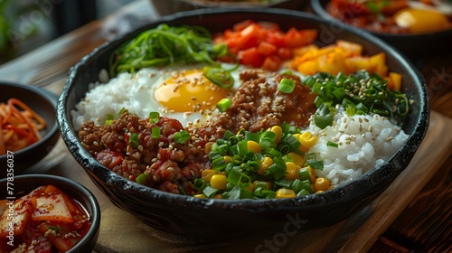 Korean Bibimbap on Decorated Table for HD Wallpaper with Cinematic Effect
