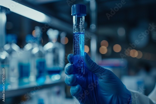 Closeup of scientists hands holding a test tube filled with blue solution, laboratory equipment backdrop, medical research theme photo