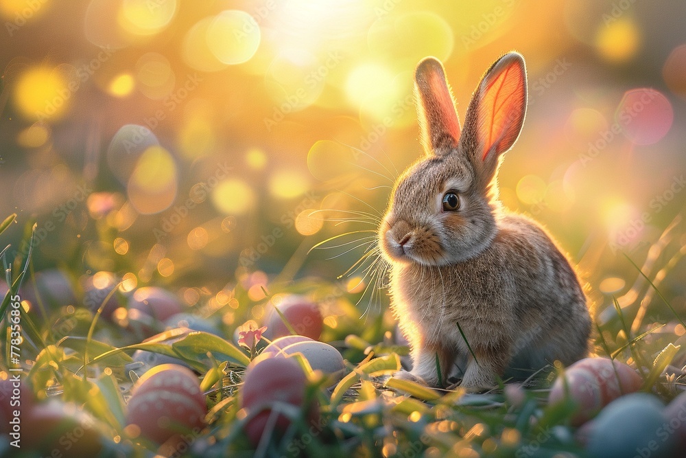Cute fluffy bunny surrounded by Easter eggs hidden in the grass, sunrise light, illustration Cute fluffy bunny surrounded by Easter eggs hidden in the grass, sunrise light, illustration