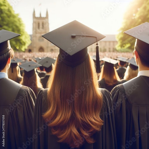 education, graduation and people concept - silhouettes of many happy students in gowns throwing mortarboards in air photo