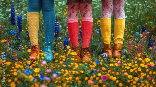 Kids Standing in Field of Flowers