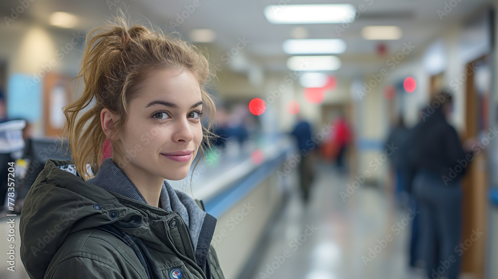 Fototapeta premium Emergency Room Reception: In a bustling hospital emergency room, a compassionate receptionist greets patients with warmth and empathy, helping to ease their anxiety during times of
