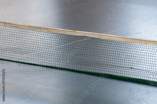 Net focus. A close up view of table tennis. Green color surface with white lines. Composition.