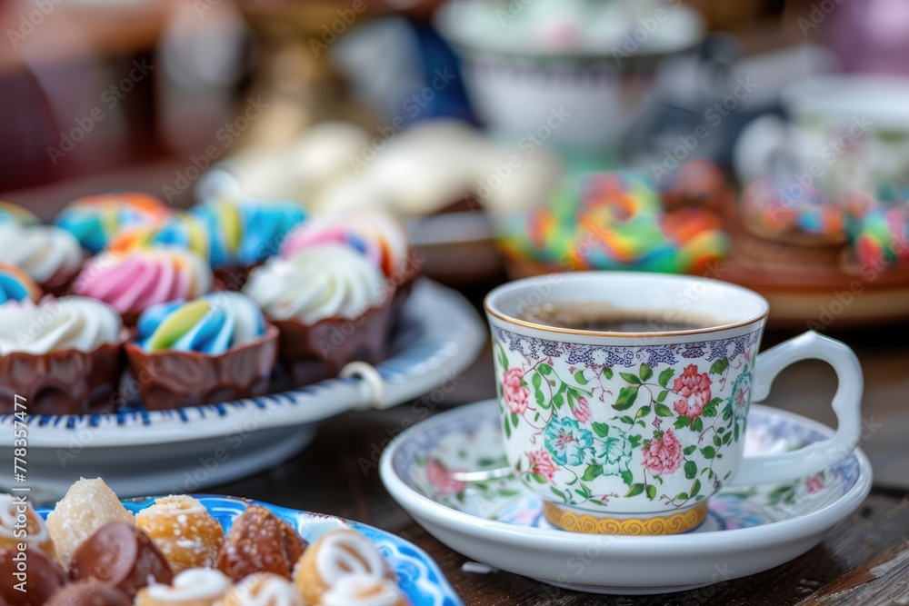 Turkish Coffee and Colorful Ramadan Eid Candy and Chocolate, Traditional Ottoman Cuisine Desserts Turkish Coffee and Colorful Ramadan Eid Candy and Chocolate, Traditional Ottoman Cuisine Desserts