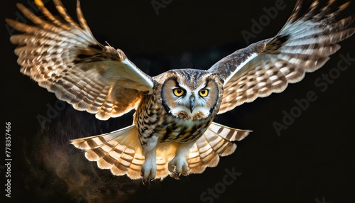 enchanting owl in flight showcasing its silent and predatory motion - isolated on black background - graceful hunter - majestic owl with wings of mystery - generative ai © dynasty