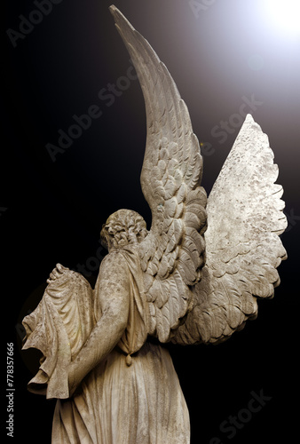 An angel with large wings is photographed from behind