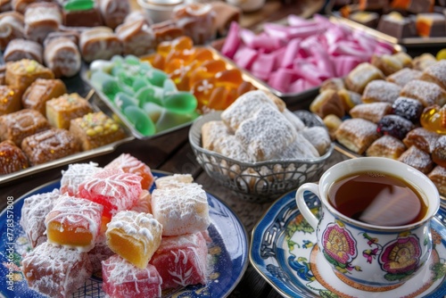 Turkish Coffee and Colorful Ramadan Eid Candy and Chocolate, Traditional Ottoman Cuisine Desserts