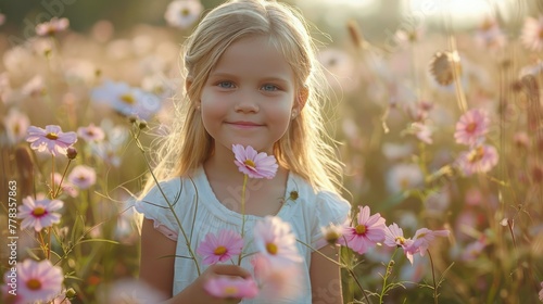Little Girl Standing in Field of Flowers