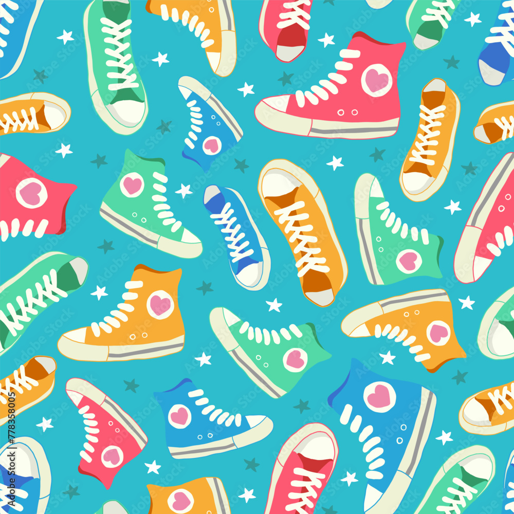 Retro Sneakers pattern on blue background. Seamless pattern with colorful shoes. Hand drawn vector illustration.
