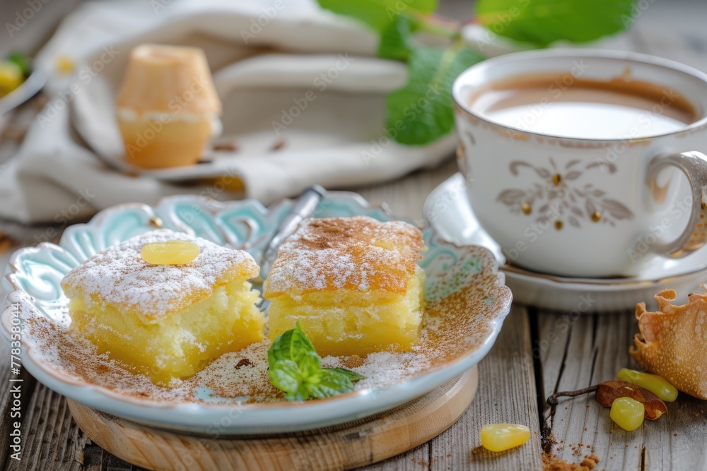Turkish coffee and Traditional Turkish dessert in plate on wooden table Turkish coffee and Traditional Turkish dessert in plate on wooden table