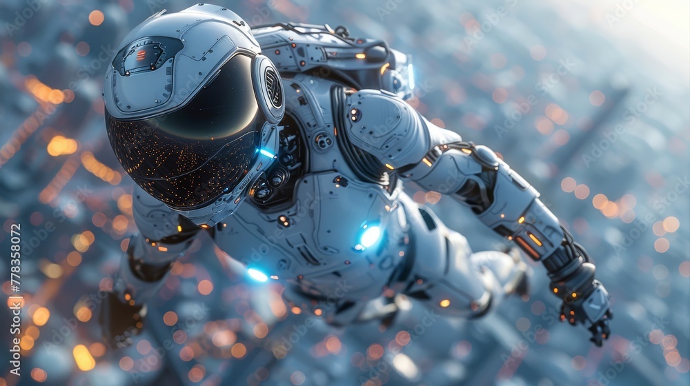 The robot or cyborg woman in the superhero iron suit is flying over a futuristic city. The character has a jetpack rocket engine and is riding a cyborg jetpack. The robot woman flies overhead. - obrazy, fototapety, plakaty 