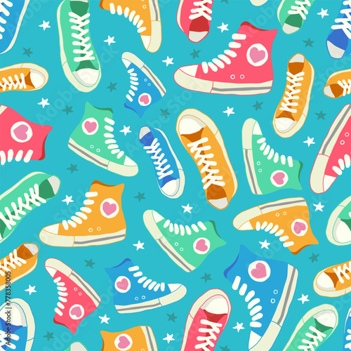 Retro Sneakers pattern on blue background. Seamless pattern with colorful shoes. Hand drawn vector illustration.