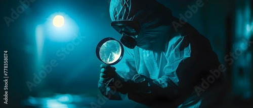 Forensic Expert Examines Clue with Magnifying Glass. Concept Forensic Science, Clue Examination, Magnifying Glass, Evidence Analysis, Crime Scene Analysis