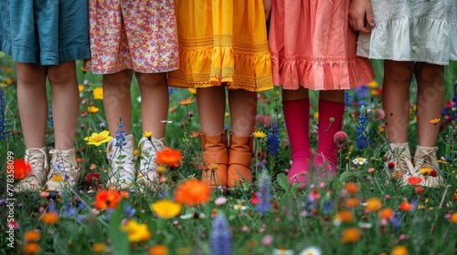Three Children Standing in Field of Flowers