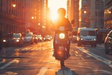 A man riding a scooter in broad daylight through a metropolis. Generative Ai