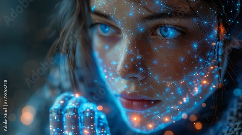 Illustration of machine learning conceptually. Developer training artificial intelligence. Digital technology art. Robot with AI in hand. Woman cyborg iterating on data.