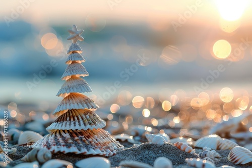 A little seashell Christmas tree with copy space situated on the shore. Generative Ai photo