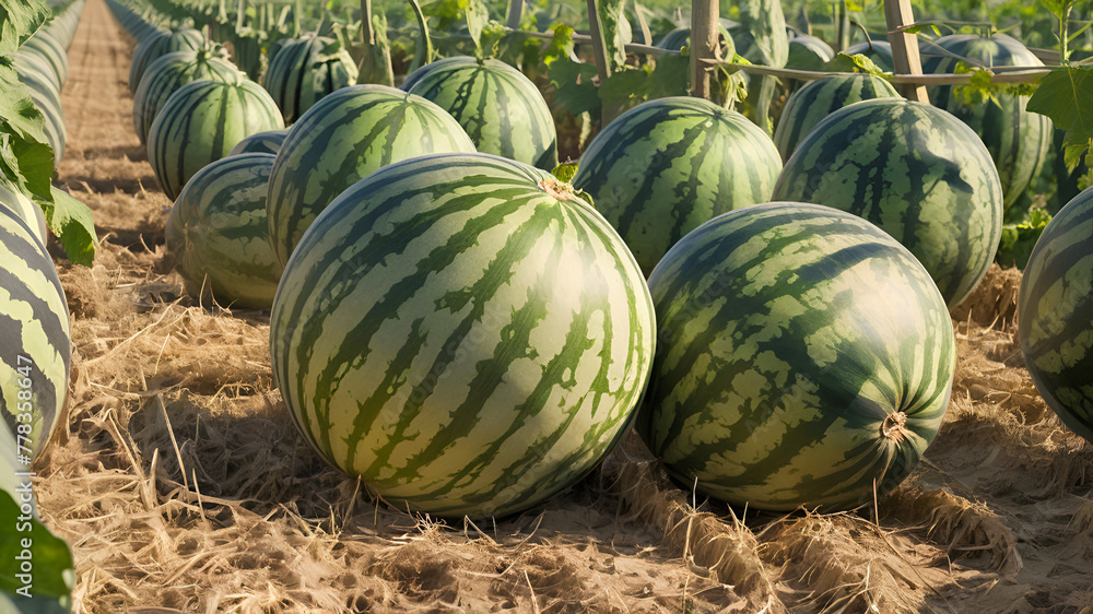 Fresh watermelon fruit just picked in the watermelon field. Agricultural watermelon field. 