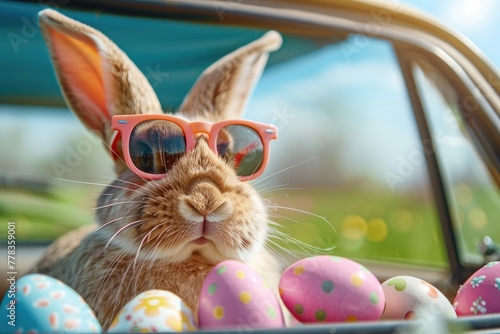 Adorable Easter bunny with shades gazing out of an opulent vehicle. Generative Ai