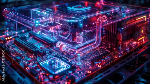 An upgrade, repair and replacement of desktop computers concept. A gaming computer with glowing computer parts inside the case of the computer box. A 3D rendering of the concept.