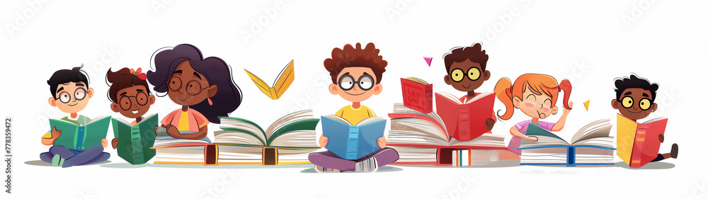 Cartoon of diverse children embracing the joy of learning through books, promoting inclusivity and knowledge in school education, stock illustration image