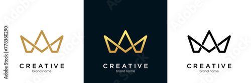 Premium style abstract gold crown logo symbol. Royal king icon. Modern luxury brand element sign. Vector illustration.