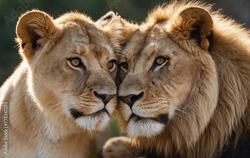 Two big cats with whiskers standing next to each other  gazing intently