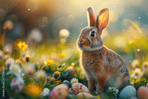 Easter rabbit in a meadow, happy Easter with eggs and copy space. Generative Ai © Planum