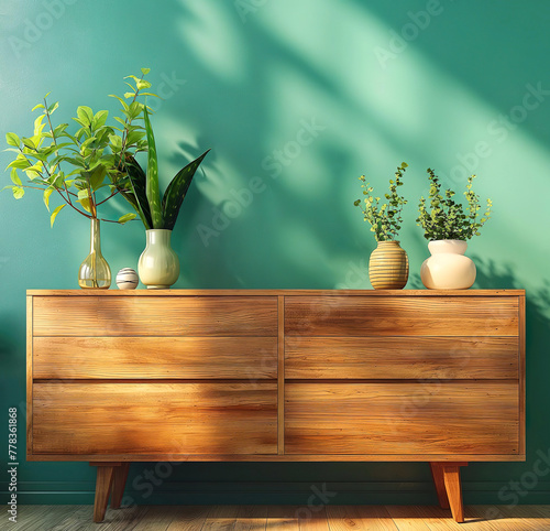 Template of wooden midcentury sideboard plants closeup, green teal wall. Interior mockup with clean walls for pictures, posters, paintings, sculptures, and other wall art. 