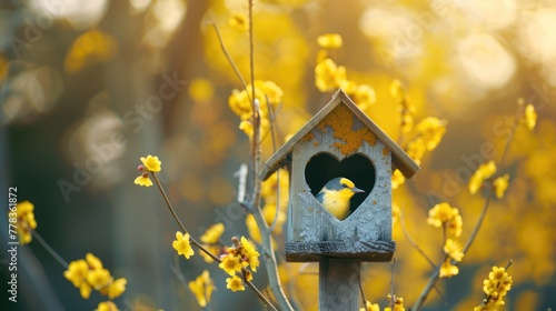 Yellow bird house with heart shaped entrance with blurred background of flowers and plants with copy space