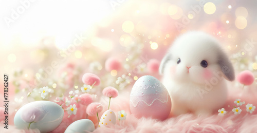 Easter lovely cute bunny with crystal eggs, diamonds flowers pastel background copy space