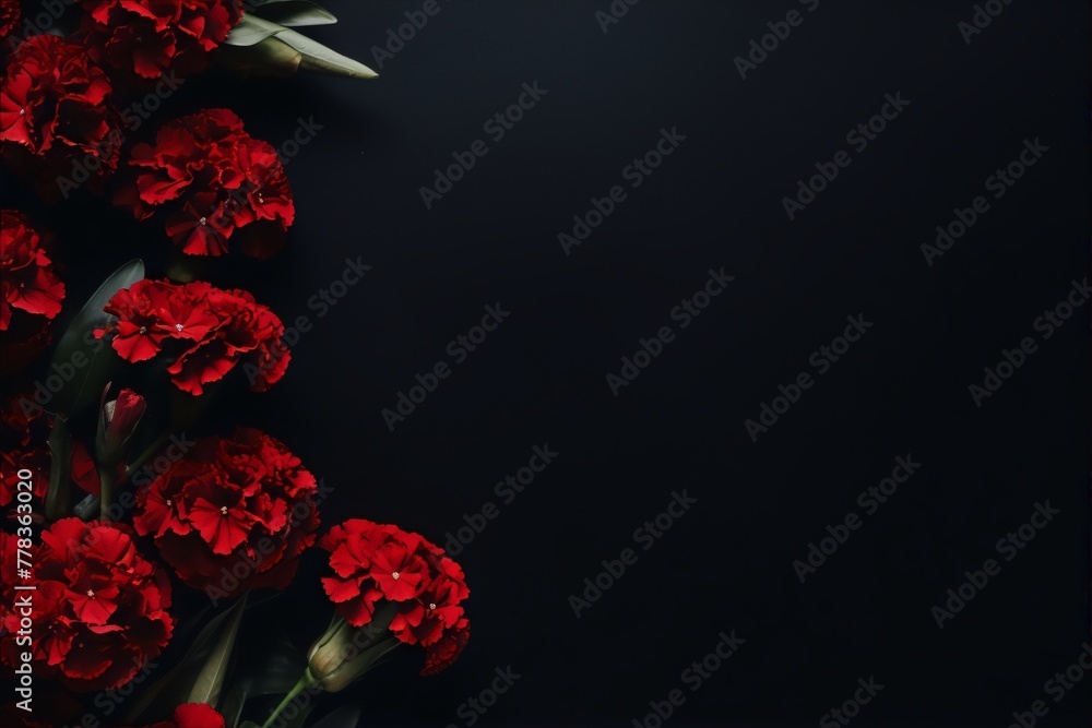 Red carnations on a black background, still life, photography, dark academia Red carnations on a black background, still life, photography, dark academia