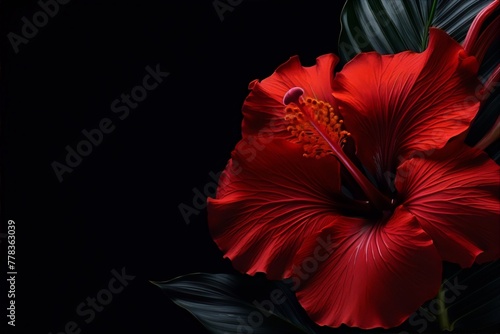 Red hibiscus flower with green leaves on black background, botanical, art deco, interior design, maximalism