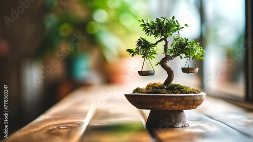 Bonsai tree with miniature swing on a wooden table. Traditional Japanese art and tranquility concept for design and decoration. Indoor gardening photography with bokeh background