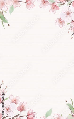 delicate pink cherry blossom frame on a pale yellow lined background, botanical, art deco, feminine