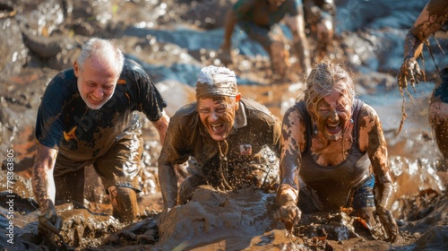 A group of seniors faces an exhilarating mud run obstacle, laughter and determination etched on their faces as they share a lively, muddy adventure.