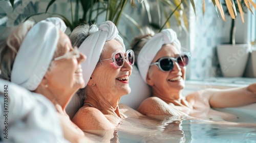 Senior Friends Relishing a Joyful Hot Tub Gathering. Senior friends share laughter and stories, soaking in the warmth of a hot tub amidst a backdrop of lush greenery.