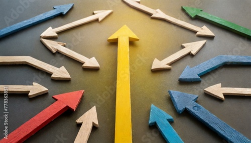 An artistic digital rendering featuring a collection of arrows pointing in various directions  symbolizing the complexity and multitude of choices involved in the decision-making process.