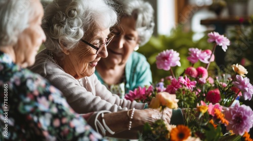 Seniors Enjoying a Creative Flower Arranging Class. A group of seniors delight in the art of flower arranging, sharing smiles and floral beauty in a communal learning experience.