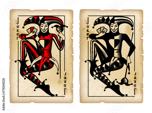 Two Joker playing cards in vintage engraving style in black, red and white colors on grunge old shabby yellowed paper background isolated on white. Vector 
illustration