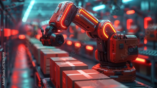 Industry robot with AI on industrial factory. Robot arm works in smart warehouse. Robot arm places boxes on pallets. Industry robot with AI works on industrial factory. Technology business concept.
