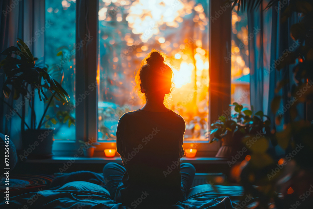 Tranquil Dawn Meditation with a Woman Contemplating the Sunrise Tranquil Dawn Meditation with a Woman Contemplating the Sunrise